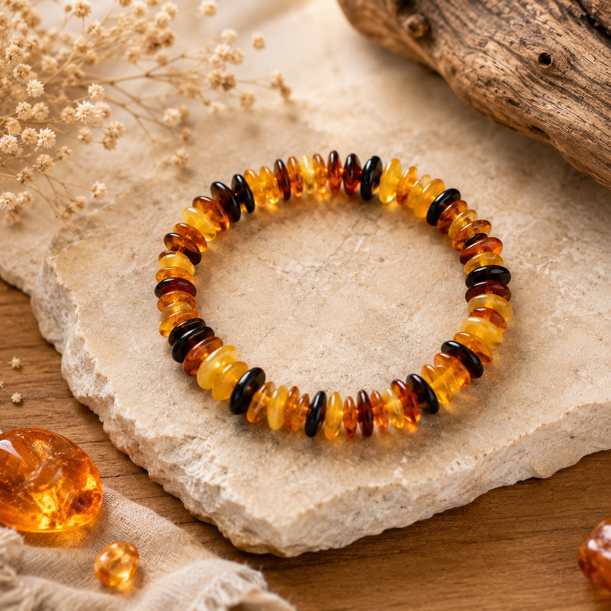 Bernstein Splitterarmband AAA aus Litauen – echter Naturbernstein – 18 cm – ca. 7 g – handgefertigt & elastisch – Geschenkverpackung und Edelsteinkarte