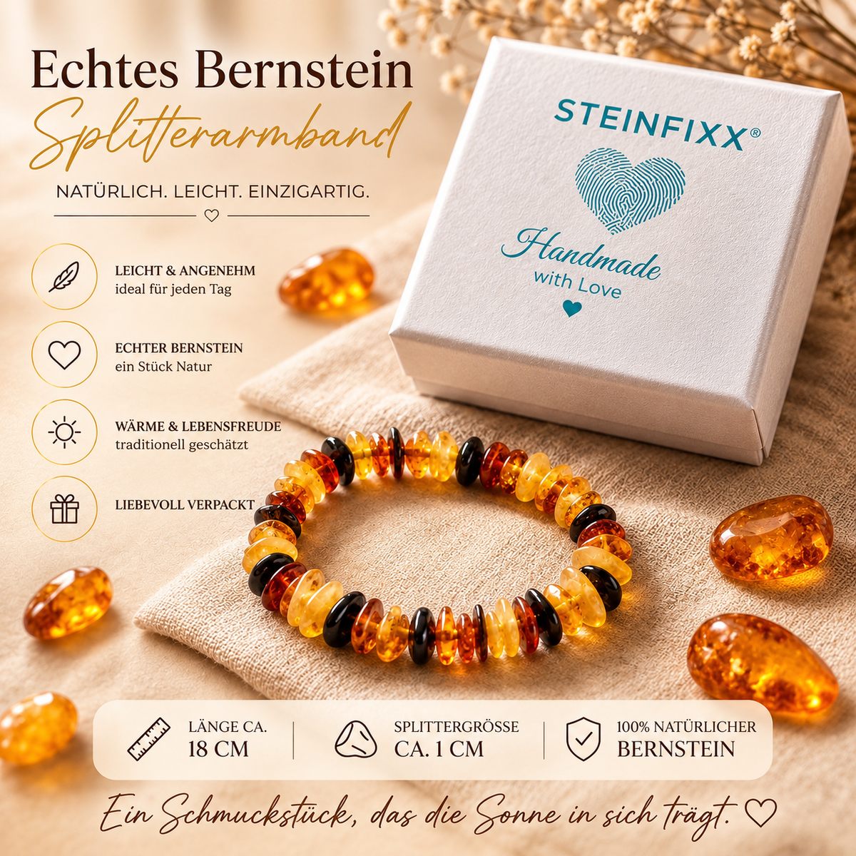 Bernstein Splitterarmband AAA aus Litauen – echter Naturbernstein – 18 cm – ca. 7 g – handgefertigt & elastisch – Geschenkverpackung und Edelsteinkarte