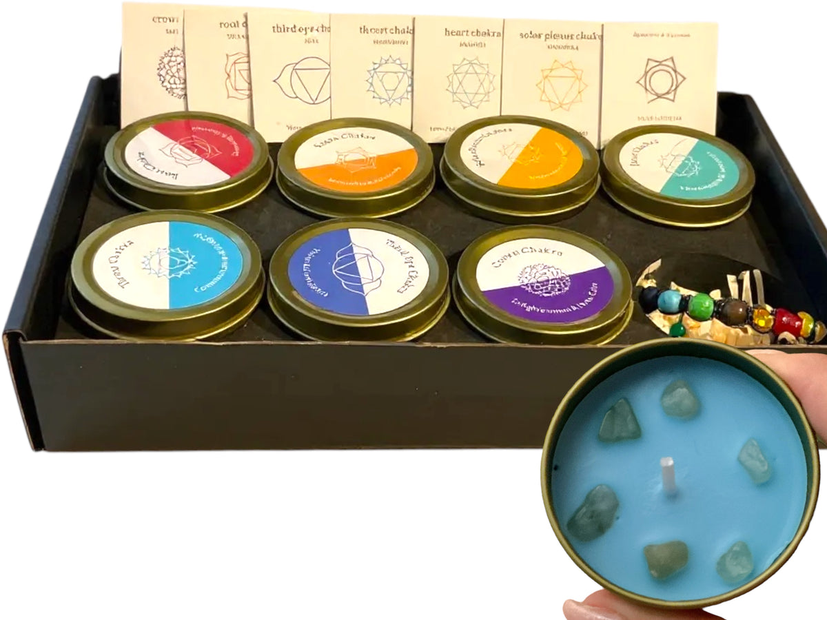 7 Chakra Duftkerzen Geschenkset – handgegossene Kerzen mit Edelsteinen – Chakra-Armband & Karten – hochwertige Geschenkbox