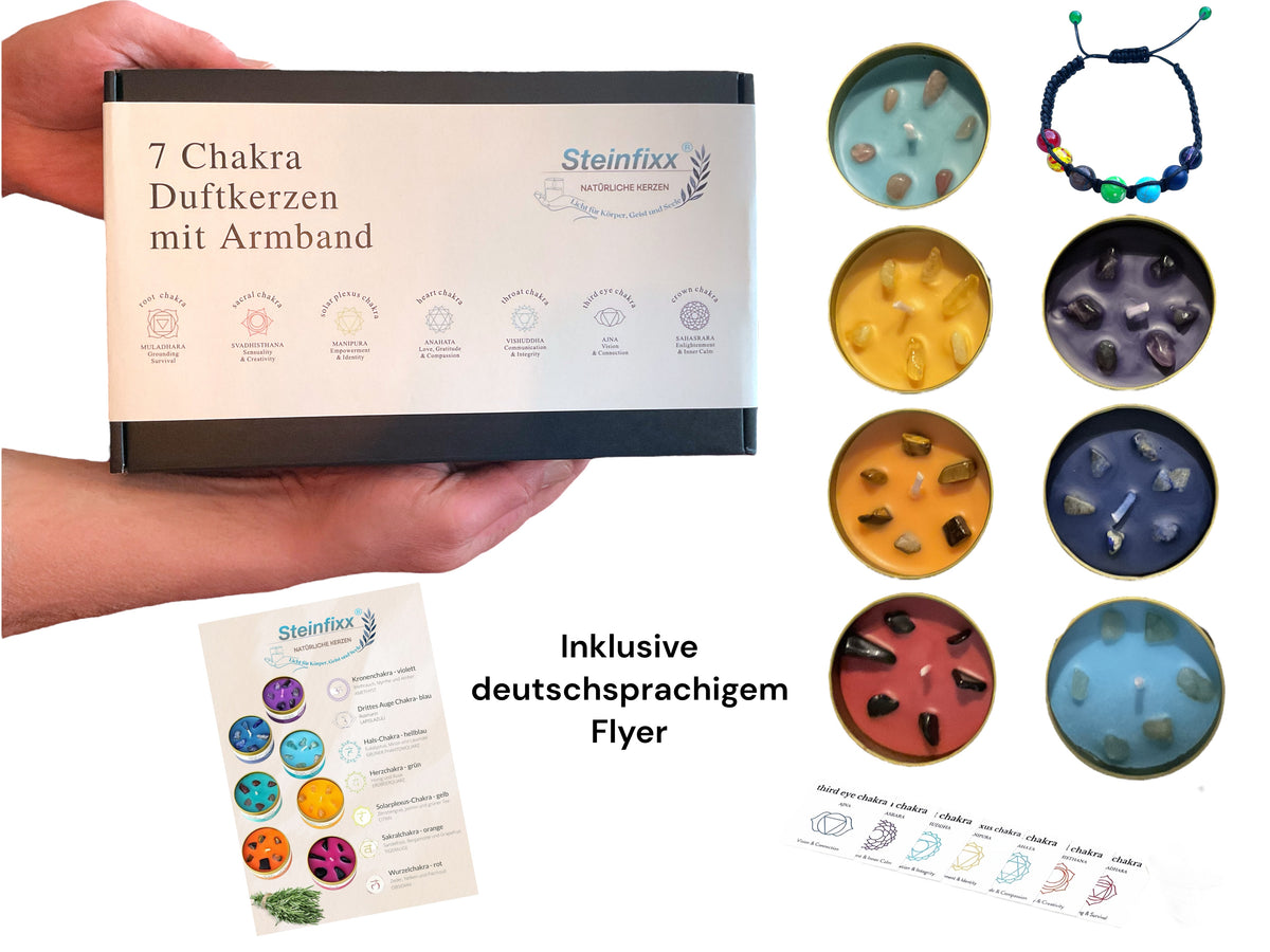 7 Chakra Duftkerzen Geschenkset – handgegossene Kerzen mit Edelsteinen – Chakra-Armband & Karten – hochwertige Geschenkbox