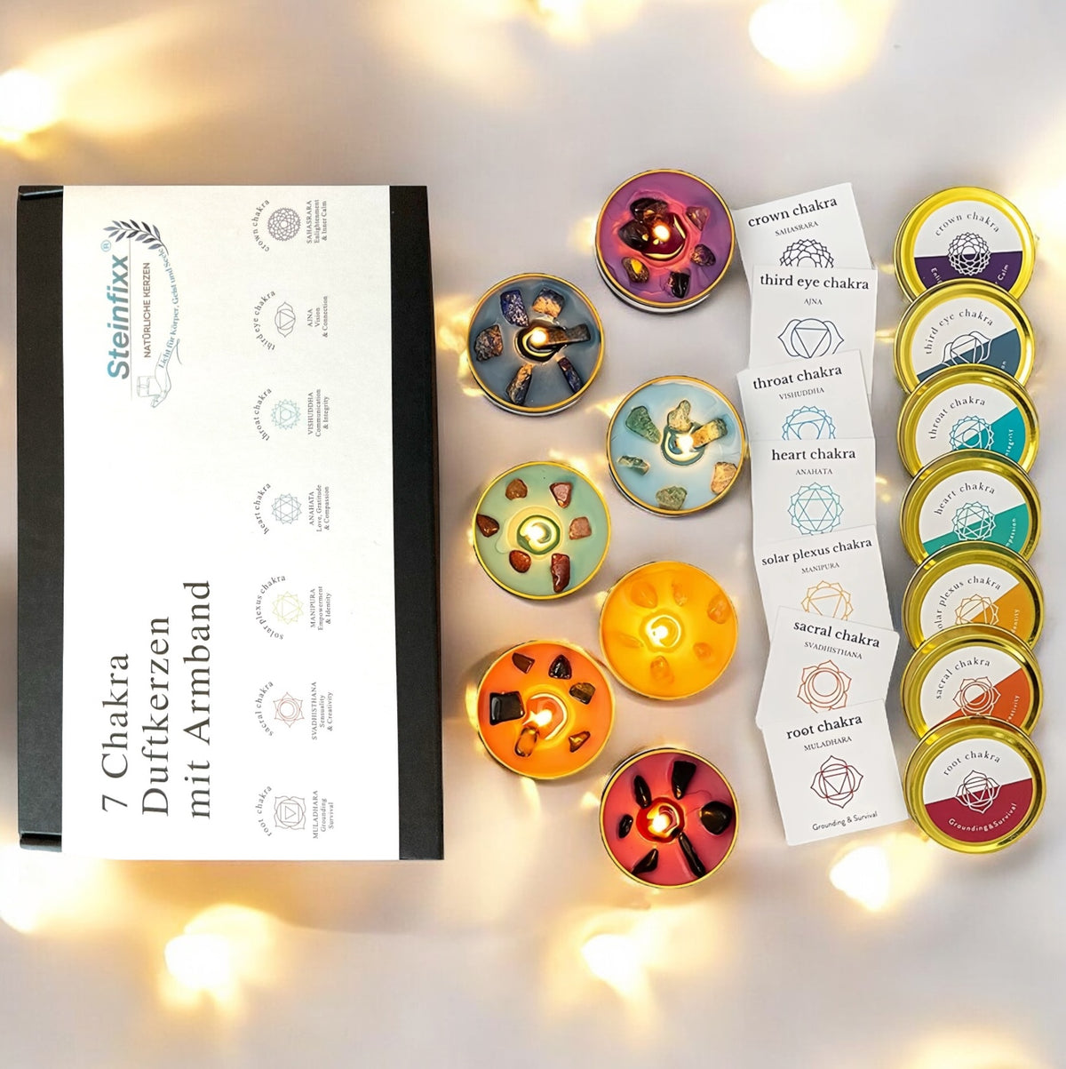 7 Chakra Duftkerzen Geschenkset – handgegossene Kerzen mit Edelsteinen – Chakra-Armband & Karten – hochwertige Geschenkbox