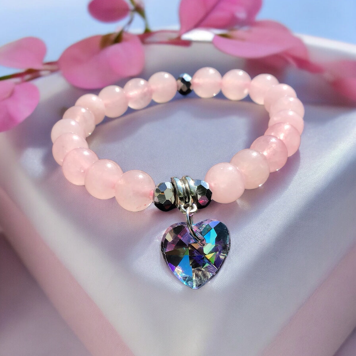 Steinfixx® - Bezauberndes Rosenquarz Perlen Armband mit Angel Aura Herz und facettierten Perlen - inclusive edler Geschenkbox - Handmade
