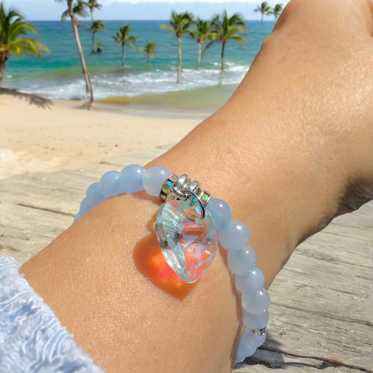 Steinfixx® - Bezauberndes Aquamarin Perlen Armband mit Angel Aura Herz, Sternstaub- und Silberperlen - inclusive edler Geschenkbox - Handmade