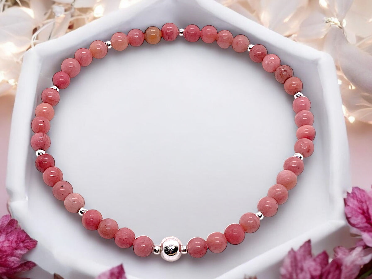 Rhodonit Edelstein Perlen Armband  *Seelentröster*  - mit 925 Silberperlen in Steinfixx Geschenkbox - Handmade