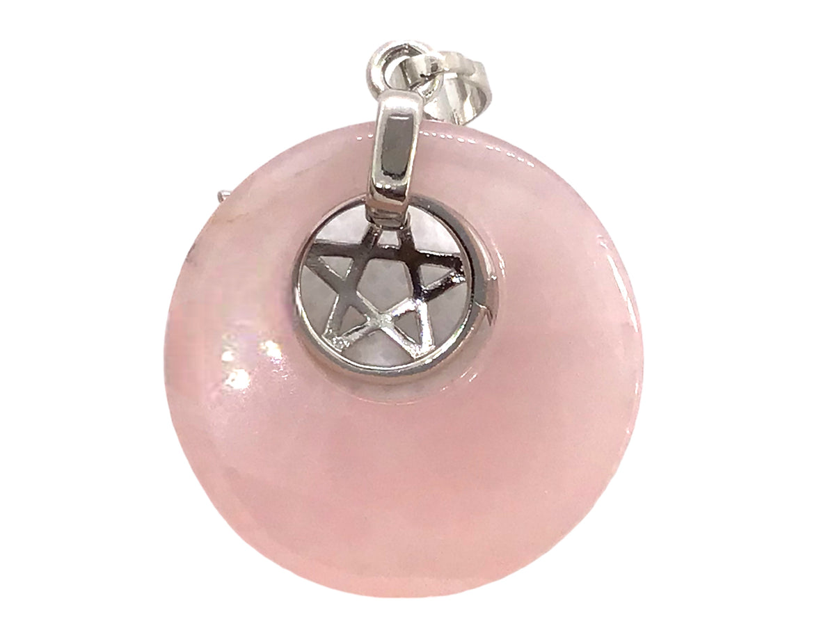Steinfixx® -  Rosenquarz Donut mit machtvoller Verzierung - dreifacher Mond und Pentagramm | Wicca | Urkraft | Licht | starkes Schutzsymbol