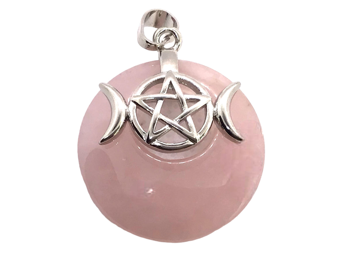 Steinfixx® -  Rosenquarz Donut mit machtvoller Verzierung - dreifacher Mond und Pentagramm | Wicca | Urkraft | Licht | starkes Schutzsymbol