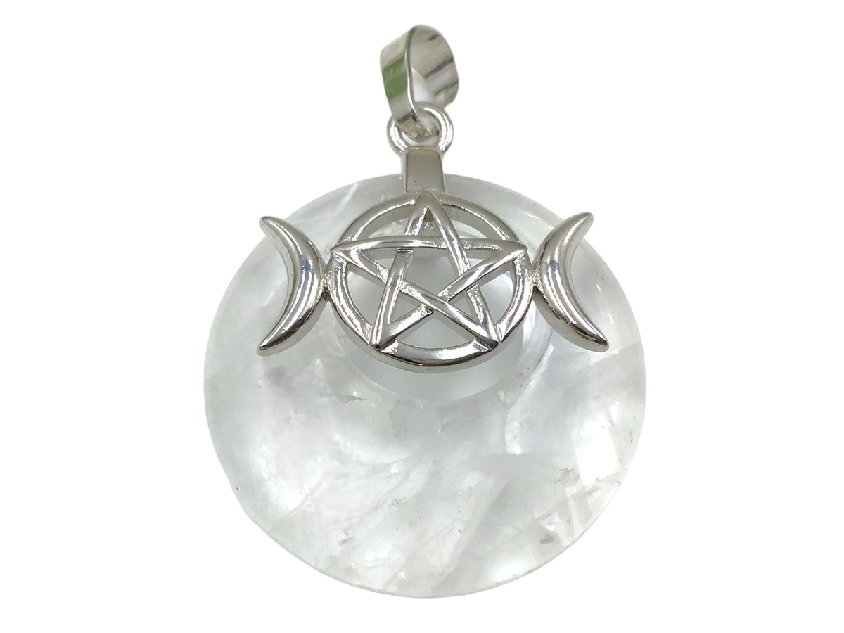 Steinfixx® -  Bergkristall Donut mit machtvoller Verzierung - dreifacher Mond und Pentagramm | Wicca | Urkraft | Licht | starkes Schutzsymbol
