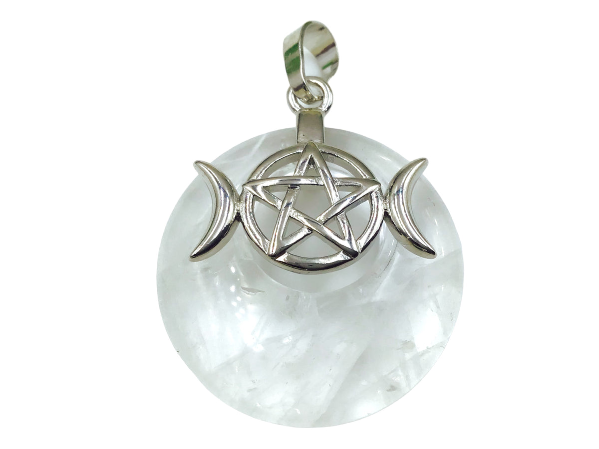 Steinfixx® -  Bergkristall Donut mit machtvoller Verzierung - dreifacher Mond und Pentagramm | Wicca | Urkraft | Licht | starkes Schutzsymbol