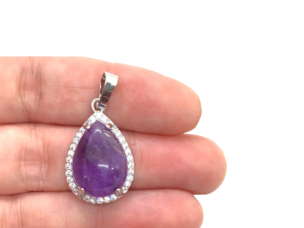 Steinfixx® -  Royale Edelstein Anhänger in Tropfenform, umrahmt von Zirkonia, Edelstahl versilbert