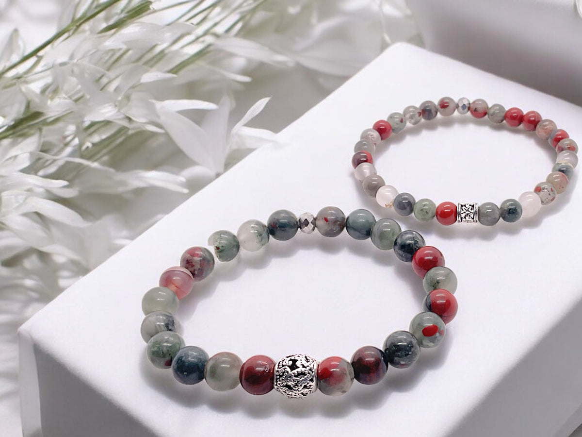 Perlenarmband aus afrikanischem Blutstein - Drachenblutstein - Hochwertiges Edelsteinarmband mit Vintage Perle und platinierter facettierter Perle - handgefertigt - in Geschenkbox - Vitalität und Heiterkeit