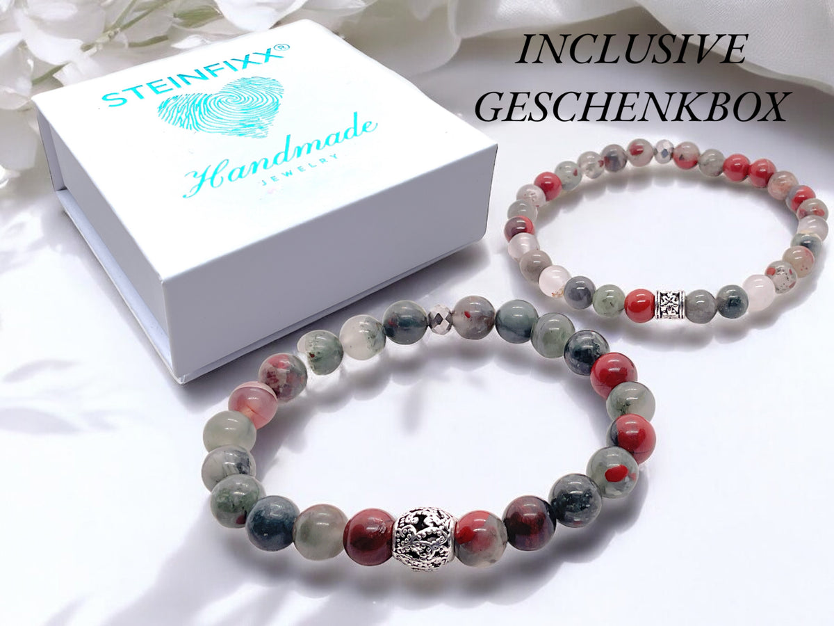 Perlenarmband aus afrikanischem Blutstein - Drachenblutstein - Hochwertiges Edelsteinarmband mit Vintage Perle und platinierter facettierter Perle - handgefertigt - in Geschenkbox - Vitalität und Heiterkeit