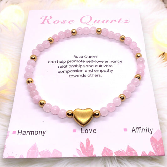 Steinfixx® - Rosenquarz Perlenarmband mit Messingherz und Messingperlen - Hochwertiges Edelsteinarmband handgefertigt inclusive edler Geschenkbox und Edelsteinkarte