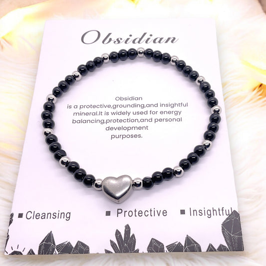 Obsidian Perlenarmband mit Edelstahlherz und Edelstahlperlen - Hochwertiges Edelsteinarmband handgefertigt inclusive edler Geschenkbox und Edelsteinkarte