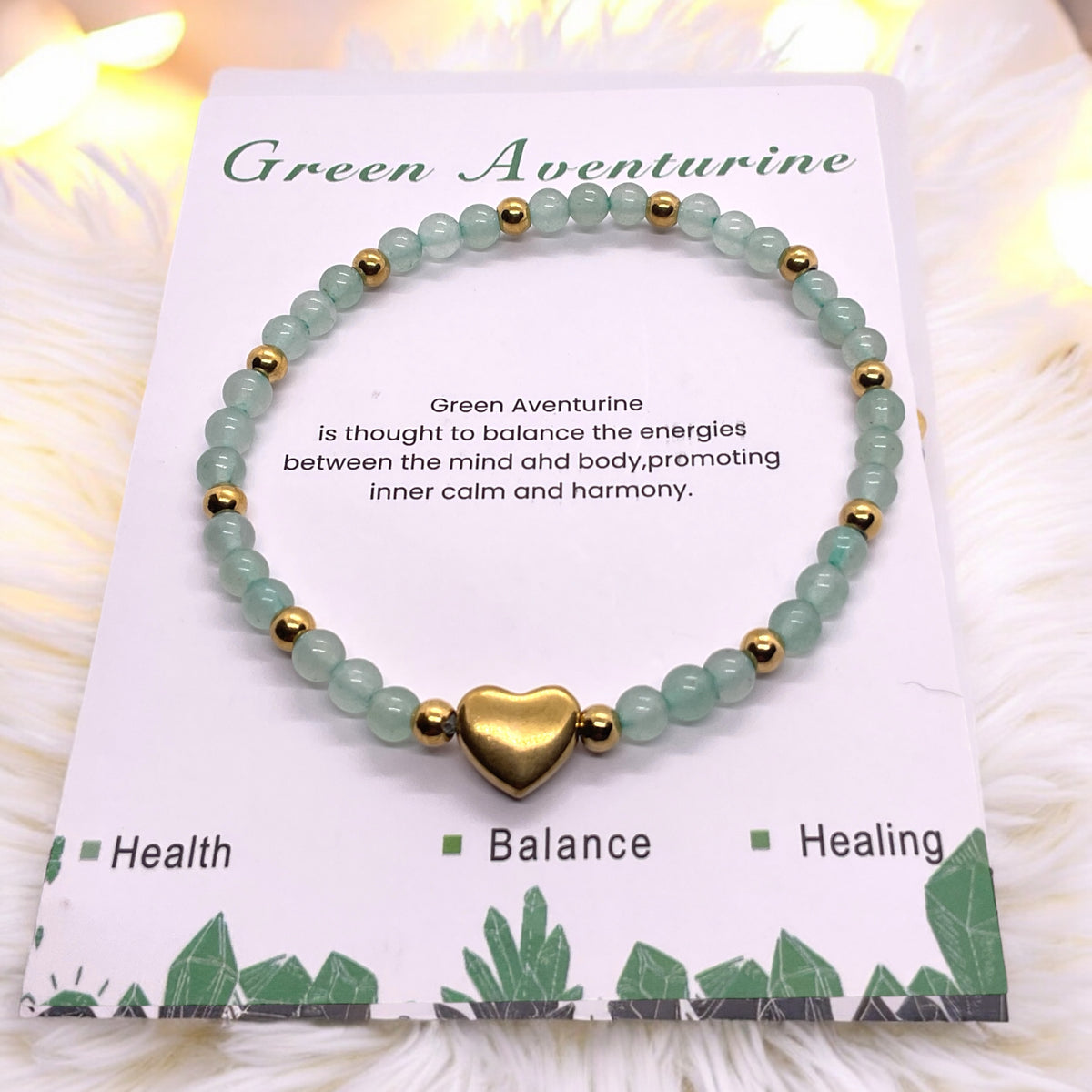 Steinfixx® - Grüner Aventurin Perlenarmband mit Messingherz und Messingperlen - Hochwertiges Edelsteinarmband handgefertigt inclusive edler Geschenkbox und Edelsteinkarte
