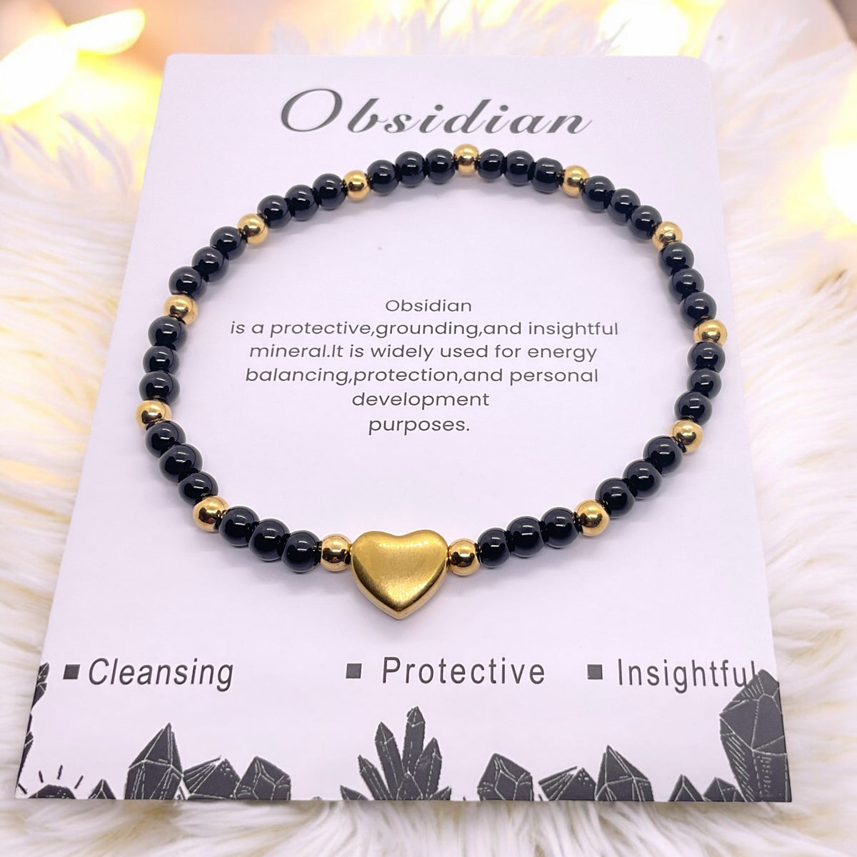 Obsidian Perlenarmband mit Messingherz und Messingperlen - Hochwertiges Edelsteinarmband handgefertigt inclusive edler Geschenkbox und Edelsteinkarte