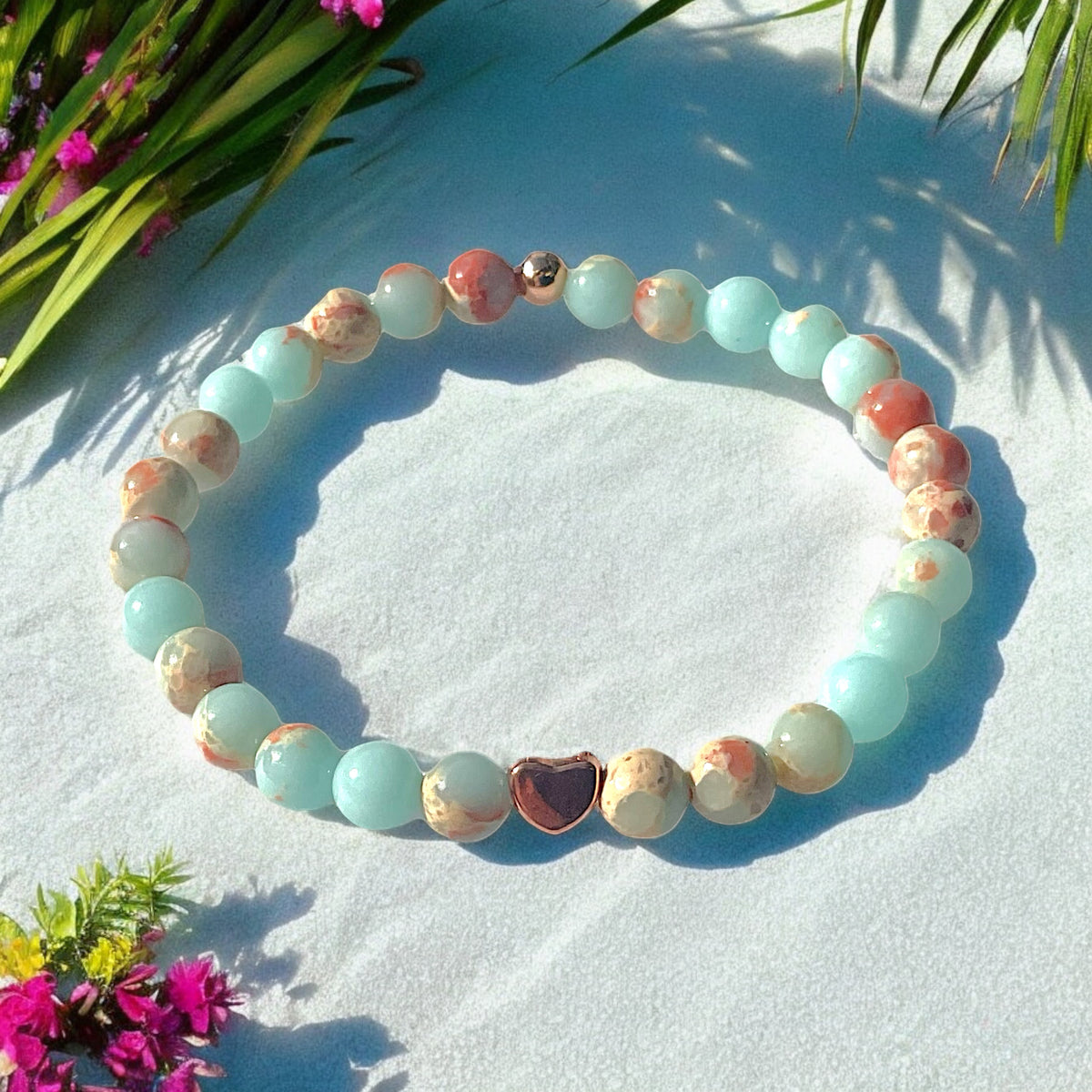 Perlenarmband Shoushan Stone mit  14 k rosèvergoldeten Elementen - Edelsteinarmband - Handmade - inclusive edler Geschenkbox