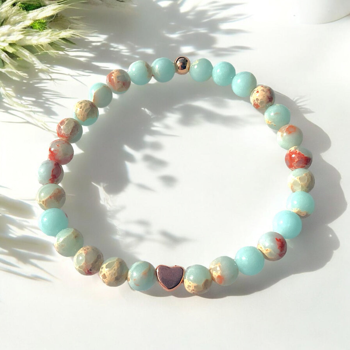 Perlenarmband Shoushan Stone mit  14 k rosèvergoldeten Elementen - Edelsteinarmband - Handmade - inclusive edler Geschenkbox