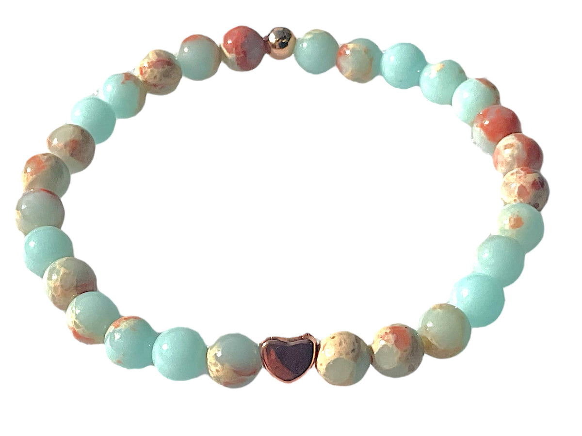 Perlenarmband Shoushan Stone mit  14 k rosèvergoldeten Elementen - Edelsteinarmband - Handmade - inclusive edler Geschenkbox