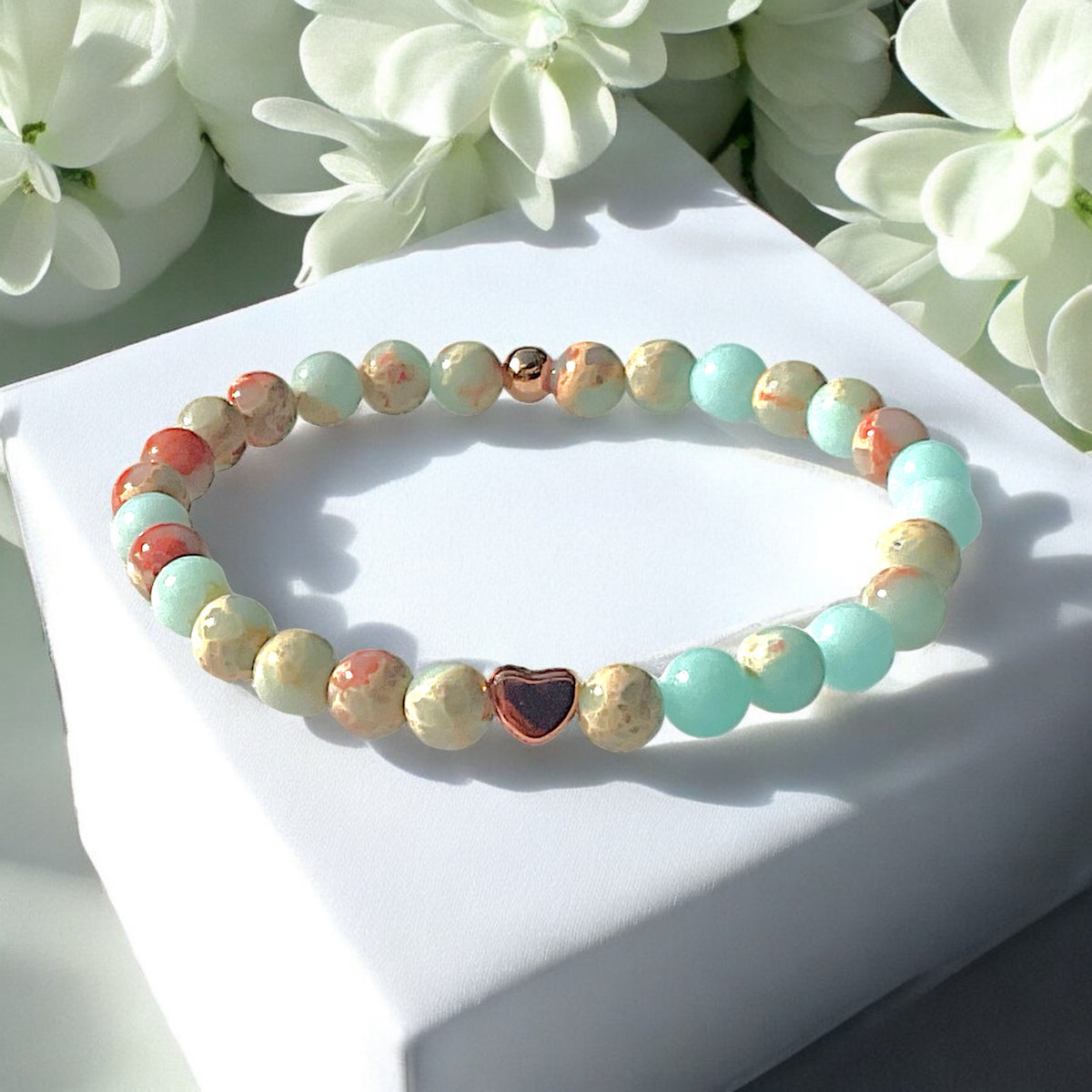Perlenarmband Shoushan Stone mit  14 k rosèvergoldeten Elementen - Edelsteinarmband - Handmade - inclusive edler Geschenkbox