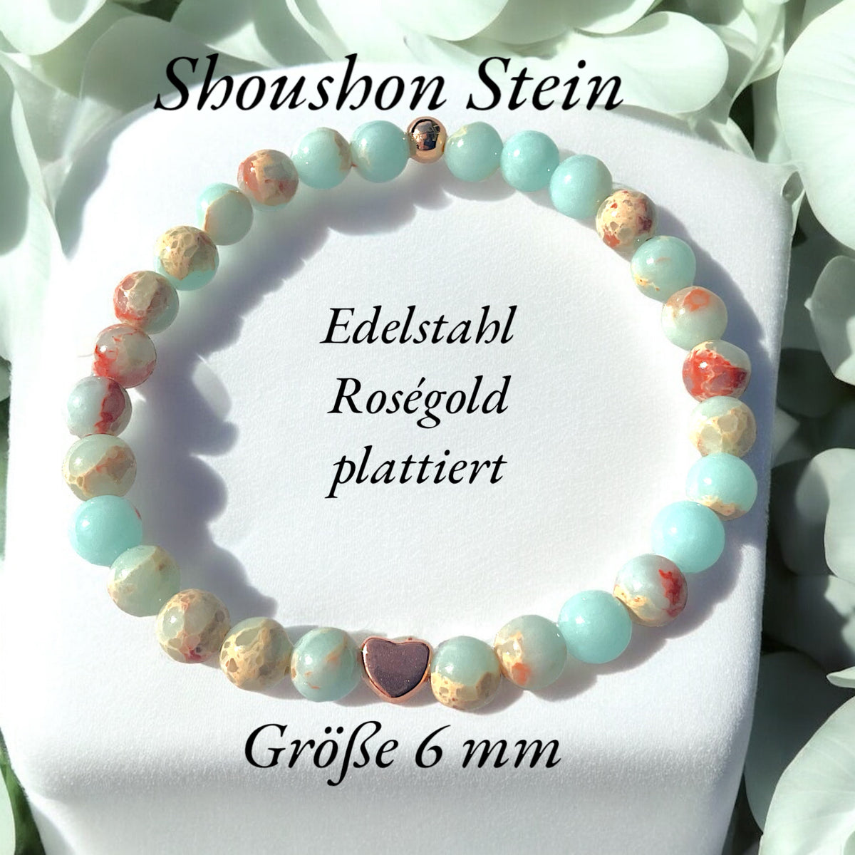 Perlenarmband Shoushan Stone mit  14 k rosèvergoldeten Elementen - Edelsteinarmband - Handmade - inclusive edler Geschenkbox