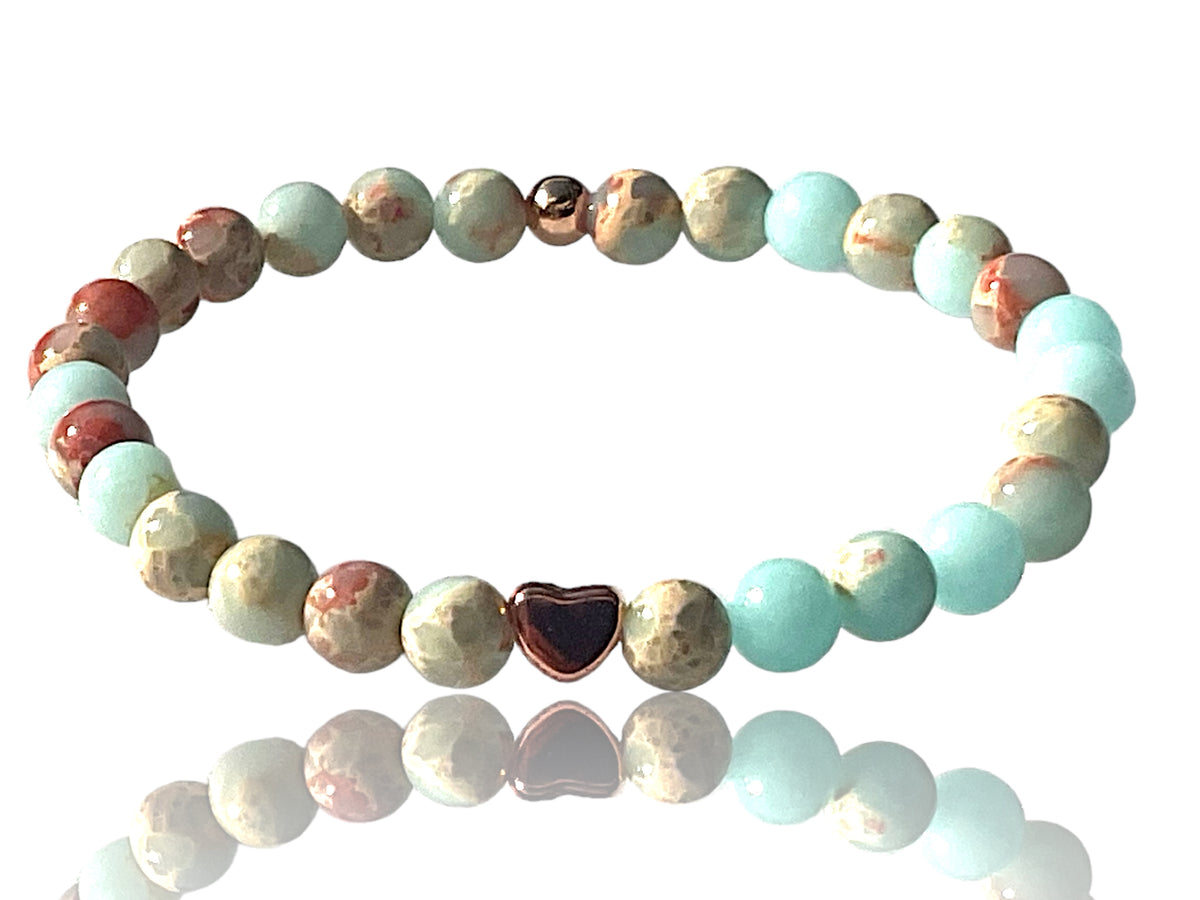 Perlenarmband Shoushan Stone mit  14 k rosèvergoldeten Elementen - Edelsteinarmband - Handmade - inclusive edler Geschenkbox