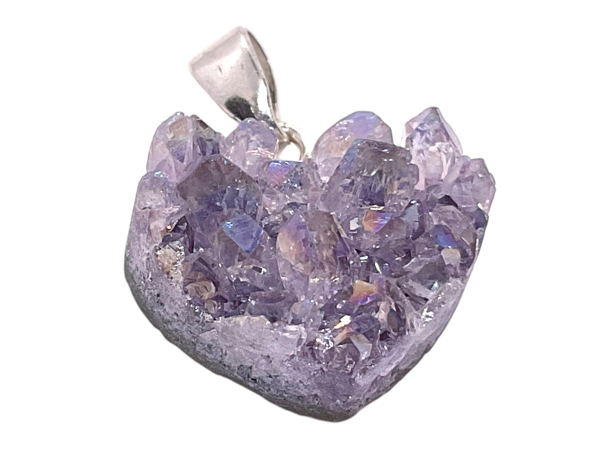 Amethyst Angel Aura Herz Anhänger AAA aus Brasilien - 925 Silber - Titanium Aura - Natur Cluster - 15 × 15 mm - Geschenkbox und Edelsteinkarte