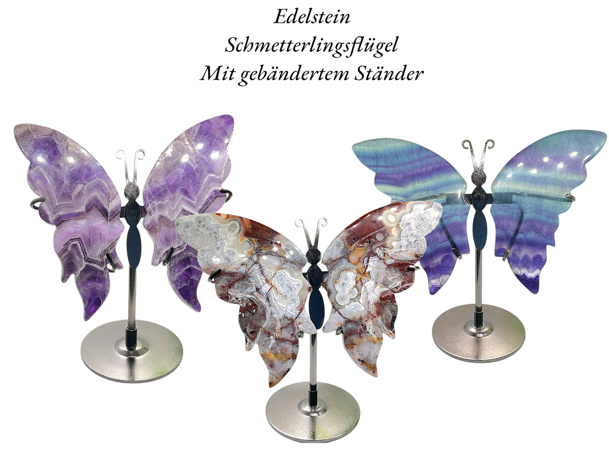 Schmetterlingsflügel aus handgeschnitzten Naturedelsteinen mit individuellem Ständer - poliert - Verschiedene Varianten - mit Geschenkbox