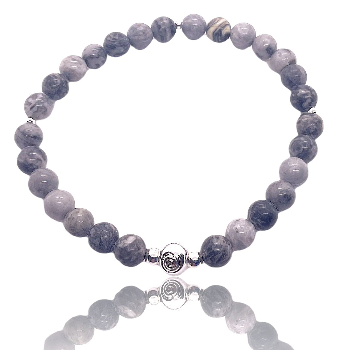 Edelstein Perlenarmband aus grauem Picasso Jaspis - Hochwertige Heilsteine mit 925 Silberperlen oder Herzchen - handgefertigt - in Geschenkbox - Kreativität und Entschlossenheit