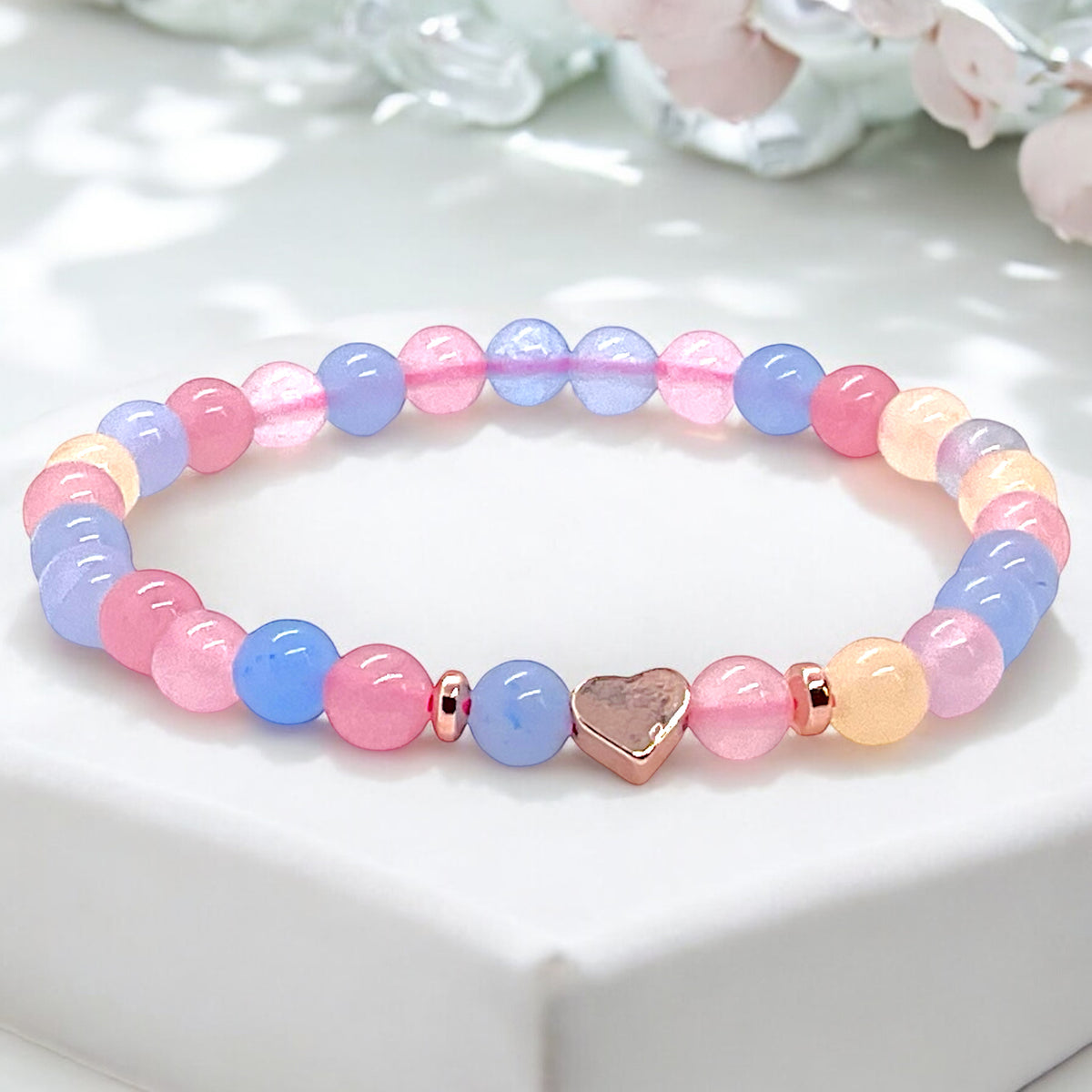 Perlenarmband Morganit mit 14 k rosèvergoldeten Elementen - Edelsteinarmband - Handmade - inclusive edler Geschenkbox - Engelsstein