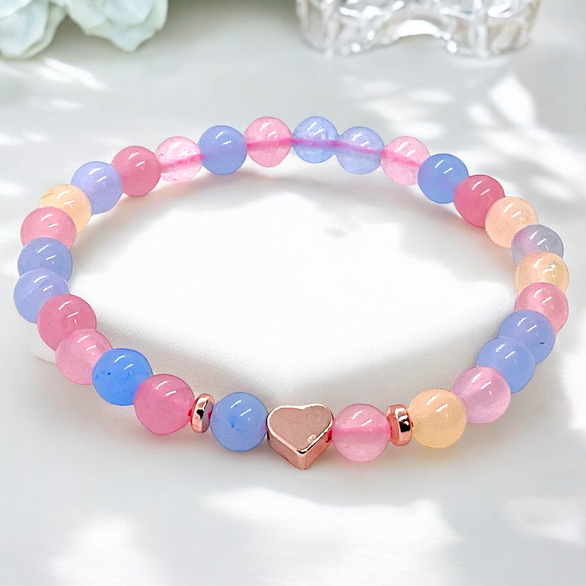 Perlenarmband Morganit mit 14 k rosèvergoldeten Elementen - Edelsteinarmband - Handmade - inclusive edler Geschenkbox - Engelsstein