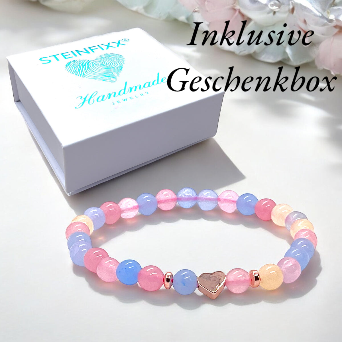Perlenarmband Morganit mit 14 k rosèvergoldeten Elementen - Edelsteinarmband - Handmade - inclusive edler Geschenkbox - Engelsstein
