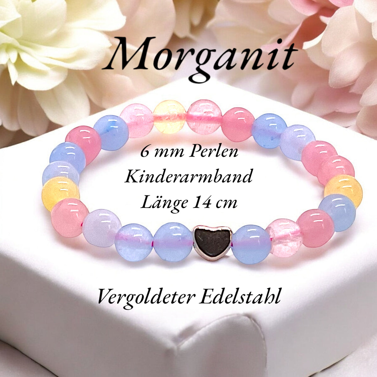 Kinder Perlenarmband Morganit mit 14 k rosèvergoldeten Elementen - Edelsteinarmband - Handmade - inclusive Geschenksäckchen - Engelsstein