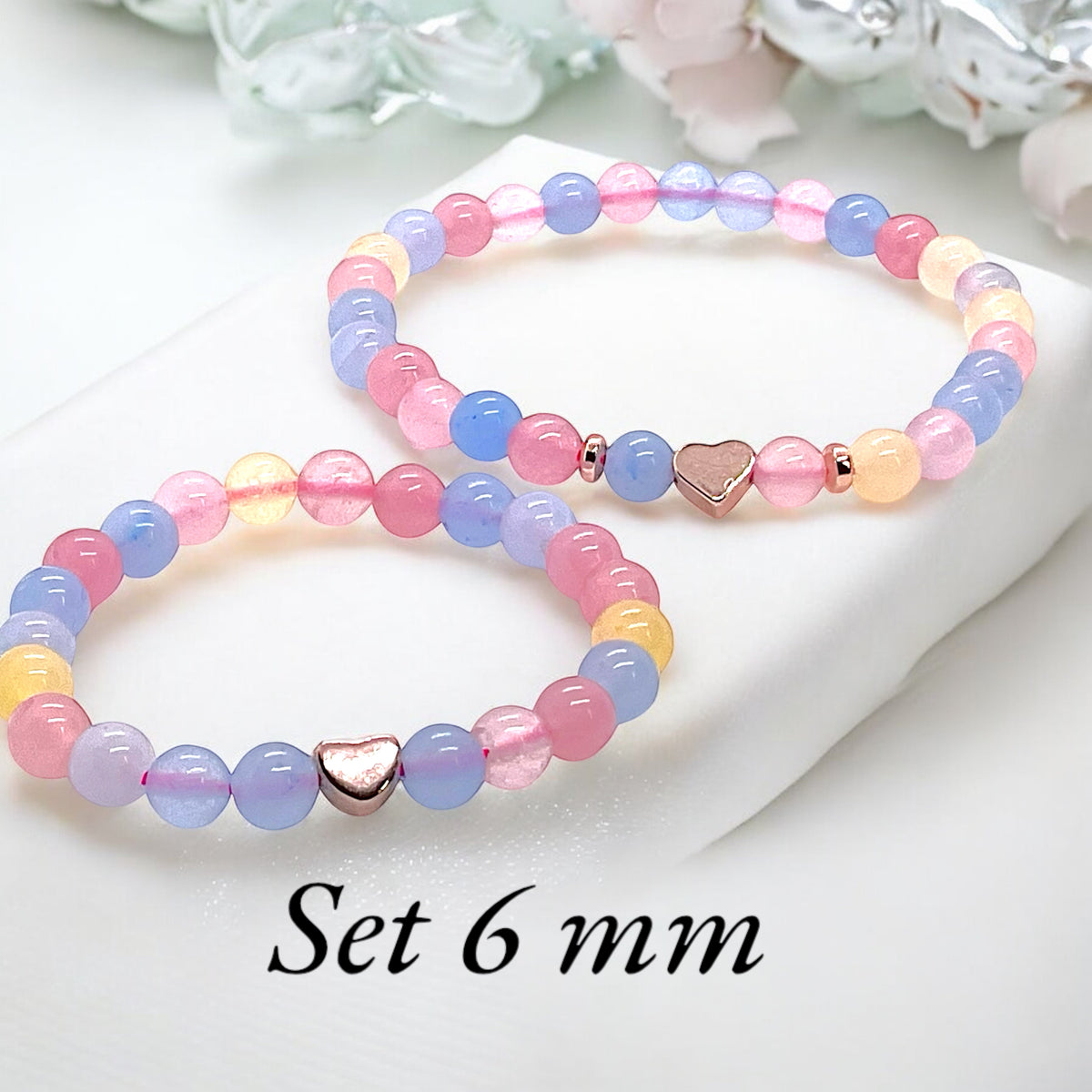 Perlenarmband Set aus Morganit für Mama und Tochter mit 14 k rosèvergoldeten Elementen - Edelsteinarmbänder - Handmade - inclusive Geschenksbox -Symbol der Liebe