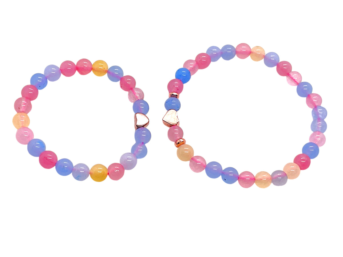 Perlenarmband Set aus Morganit für Mama und Tochter mit 14 k rosèvergoldeten Elementen - Edelsteinarmbänder - Handmade - inclusive Geschenksbox -Symbol der Liebe