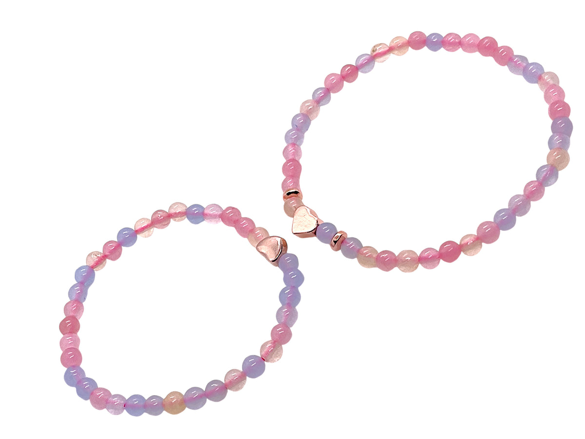 Perlenarmband Set aus Morganit für Mama und Tochter mit 14 k rosèvergoldeten Elementen - Edelsteinarmbänder - Handmade - inclusive Geschenksbox -Symbol der Liebe