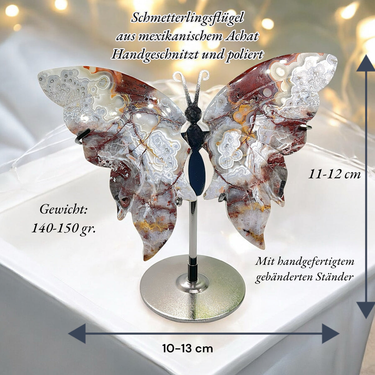 Schmetterlingsflügel aus handgeschnitzten Naturedelsteinen mit individuellem Ständer - poliert - Verschiedene Varianten - mit Geschenkbox