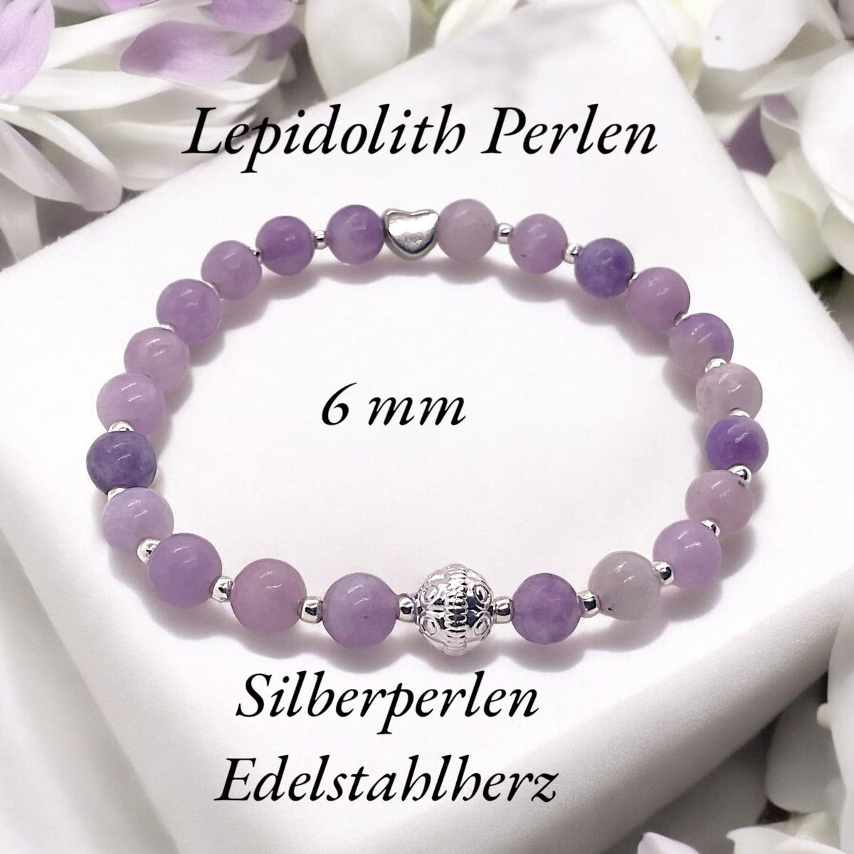 Steinfixx® Lepidolith  Edelstein Perlen Armband  - mit 925 versilberten Perlen und versilbertem Herzchen in Steinfixx Geschenkbox - Handmade