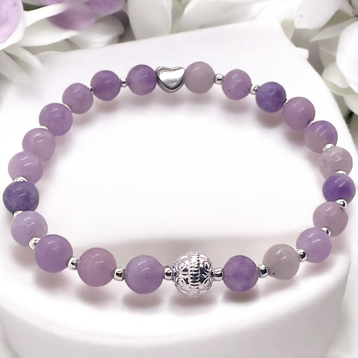 Steinfixx® Lepidolith  Edelstein Perlen Armband  - mit 925 versilberten Perlen und versilbertem Herzchen in Steinfixx Geschenkbox - Handmade