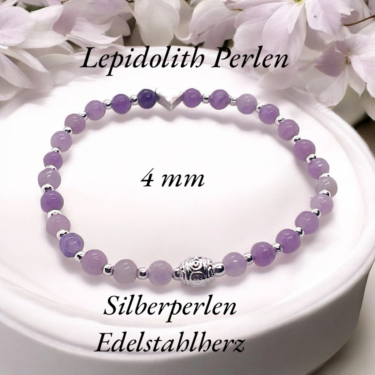 Steinfixx® Lepidolith  Edelstein Perlen Armband  - mit 925 versilberten Perlen und versilbertem Herzchen in Steinfixx Geschenkbox - Handmade