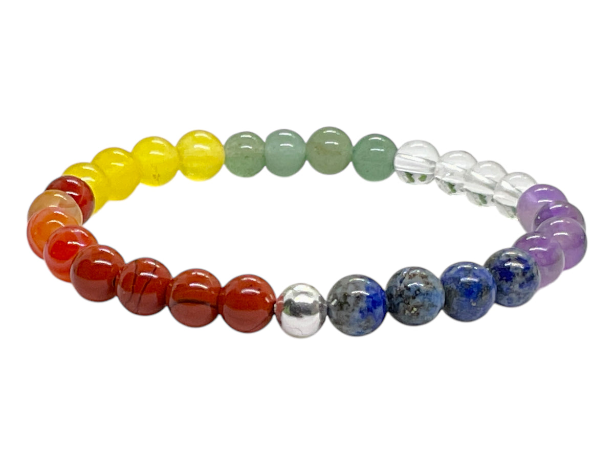 Perlenarmband Chakra 6 mm mit 925 Silberperle - Handmade - inclusive edler Geschenkbox - 7 Chakren aus echten Mineralien