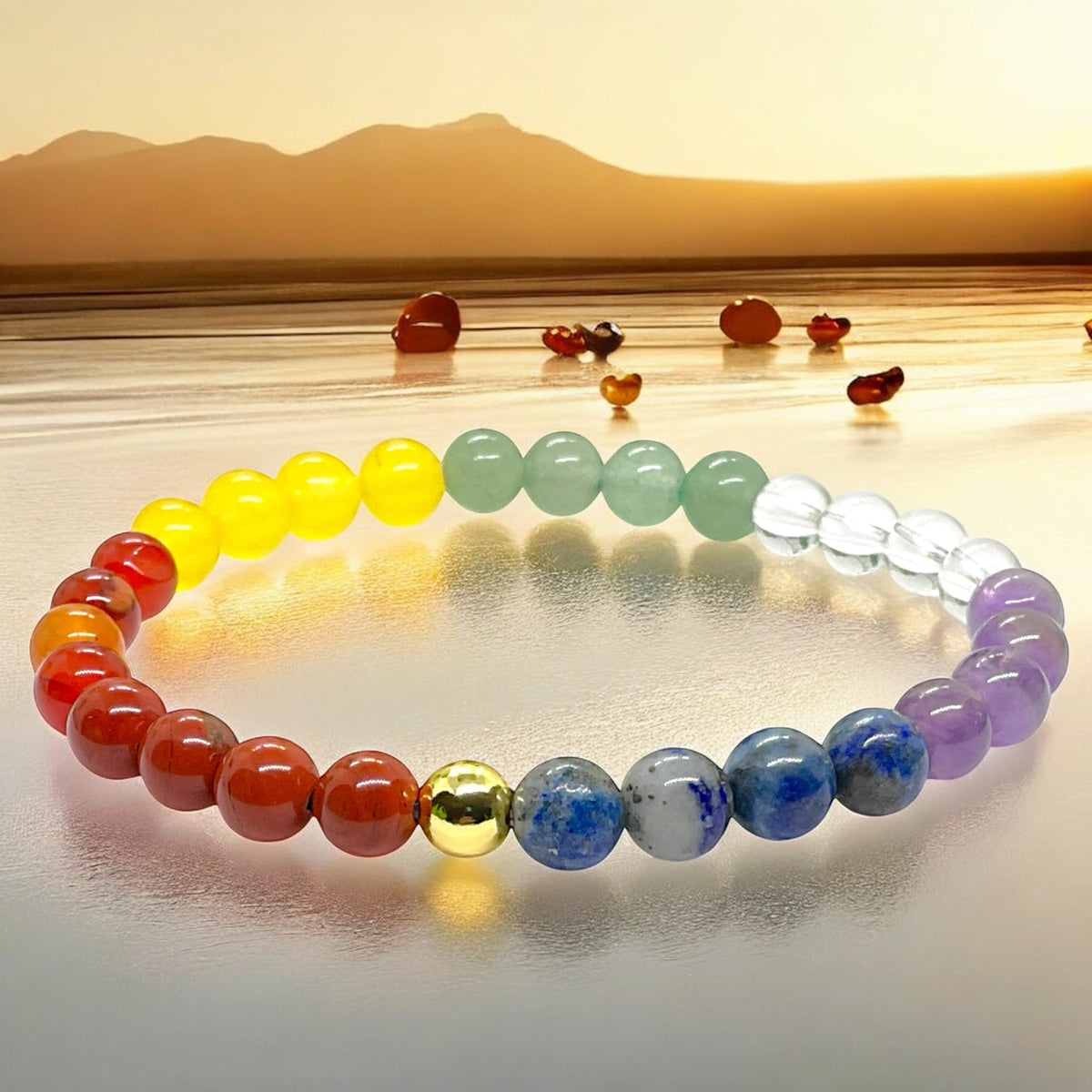 Perlenarmband Chakra 6 mm mit 14k vergoldeter Edelstahlperle - Handmade - inclusive edler Geschenkbox - 7 Chakren aus echten Mineralien