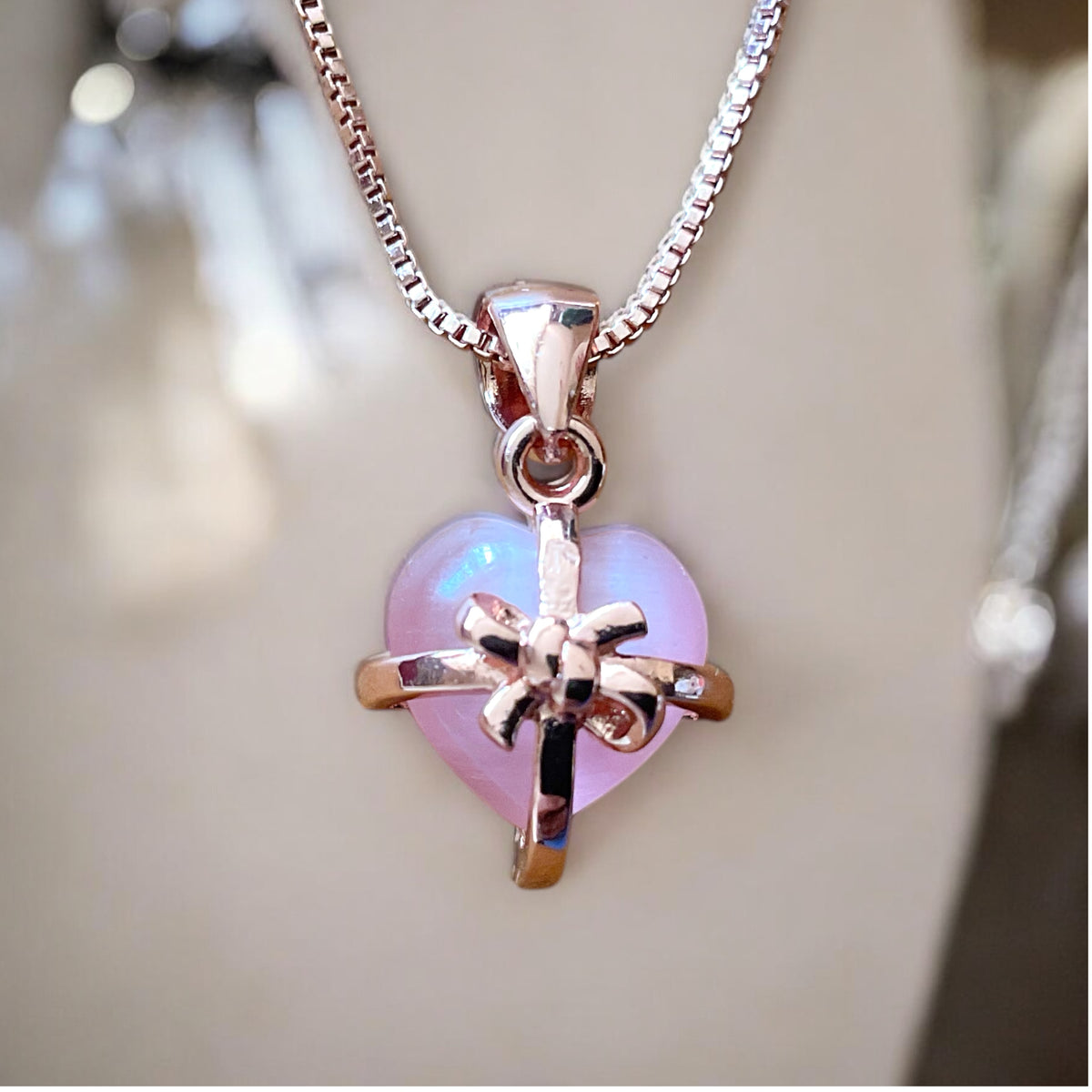 Herz Halskette rosa Katzenauge - echtes 925 Silber rosegold plattiert - Ich passe auf Dich auf oder Du bist mein Geschenk- inclusive Geschenkbox
