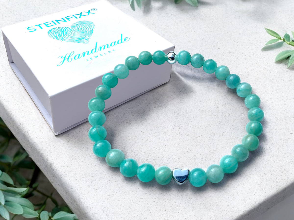 Steinfixx® Edelstein Perlenarmband Amazonit Ice mit 925 Silberperle und Herz oder Stern| Energieschmuck | in edler Geschenkbox | Handmade