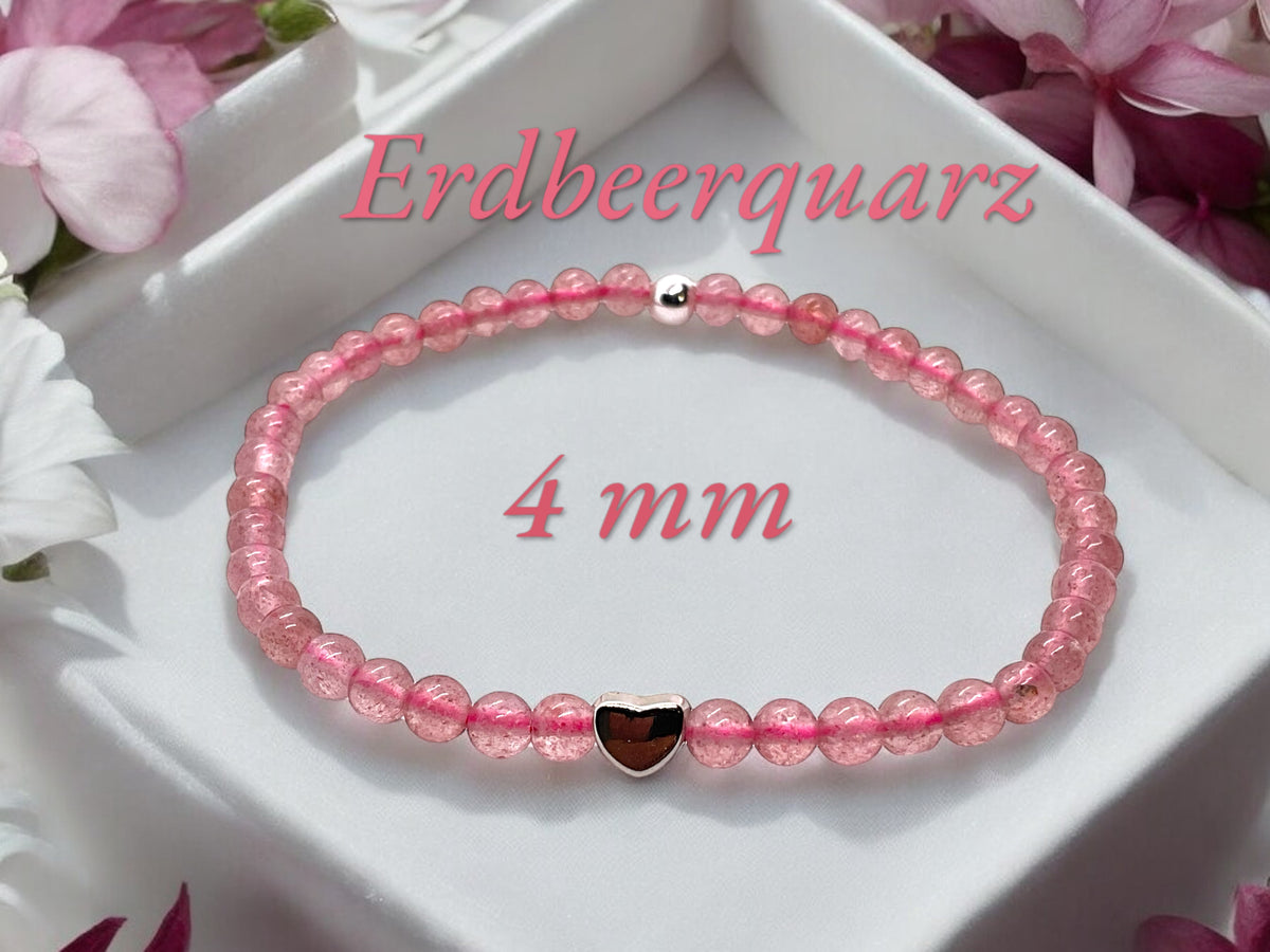 Edelstein Perlenarmband aus Erdbeerquarz - Hochwertige Heilsteine mit 925 Silberperlen und entzückendem Herzchen - handgefertigt - in Geschenkbox - Lebensfreude und Humor