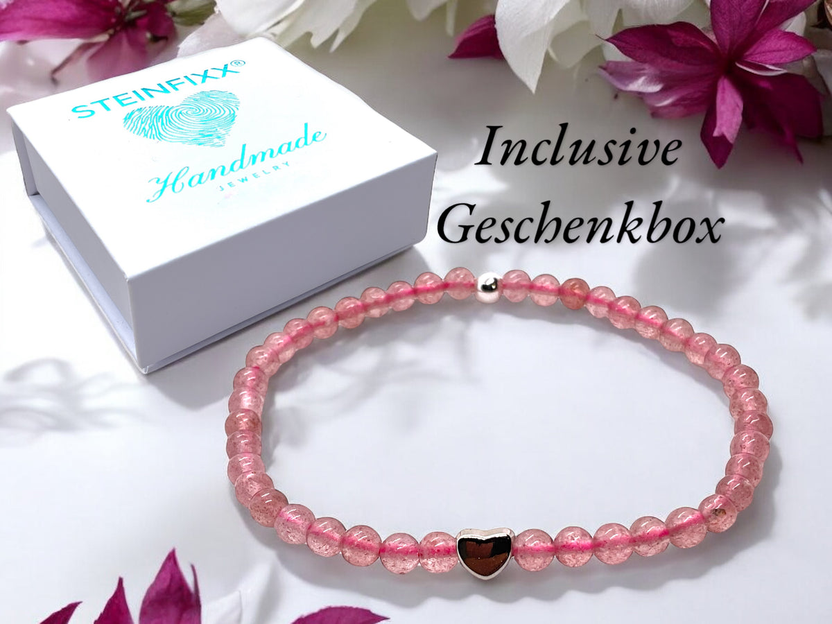 Edelstein Perlenarmband aus Erdbeerquarz - Hochwertige Heilsteine mit 925 Silberperlen und entzückendem Herzchen - handgefertigt - in Geschenkbox - Lebensfreude und Humor