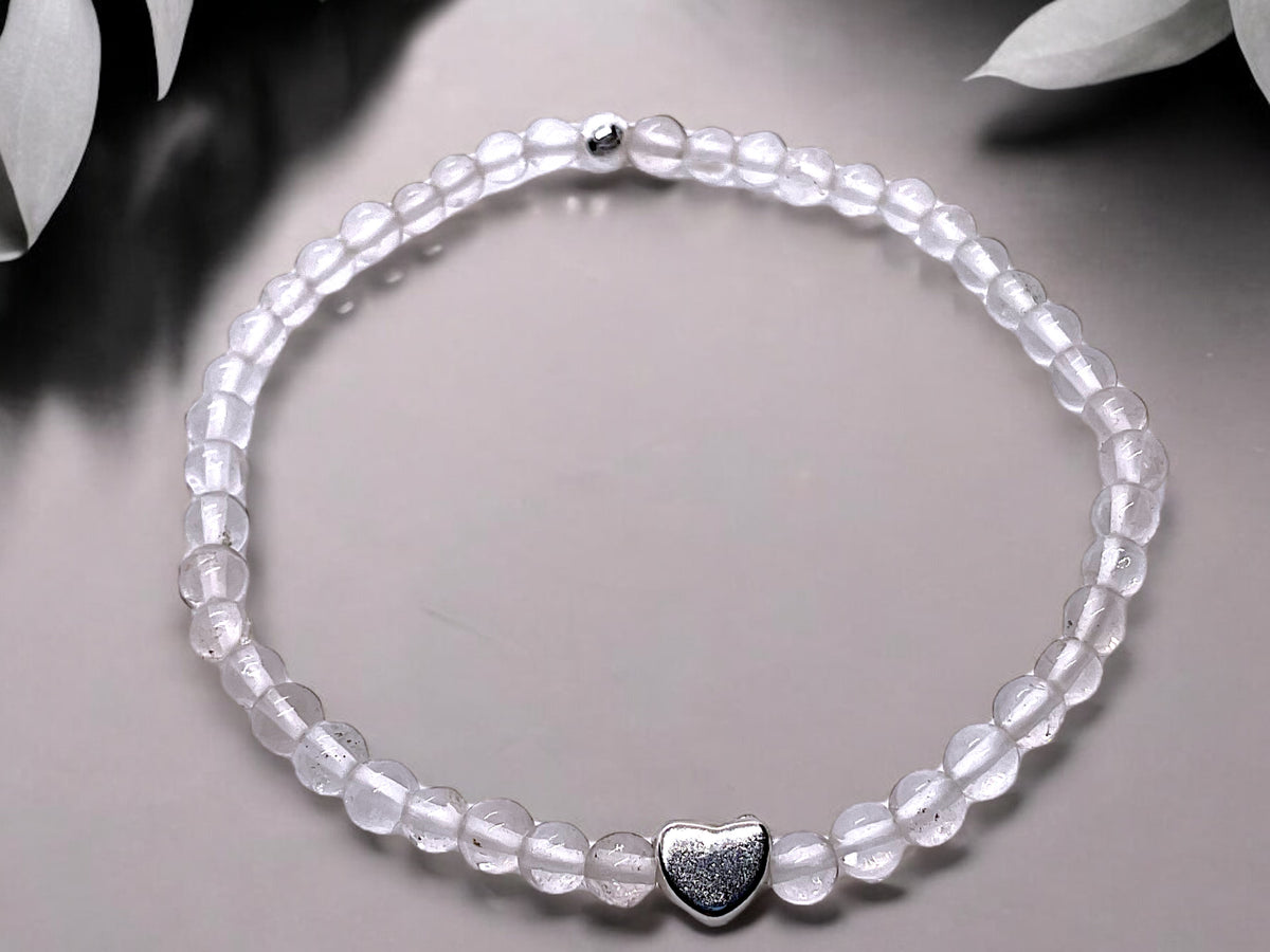 Bergkristall Edelstein Perlen Armband  *HEILUNG*  - mit 925 Silberperle und versilbertem Herzchen in Steinfixx Geschenkbox - Handmade
