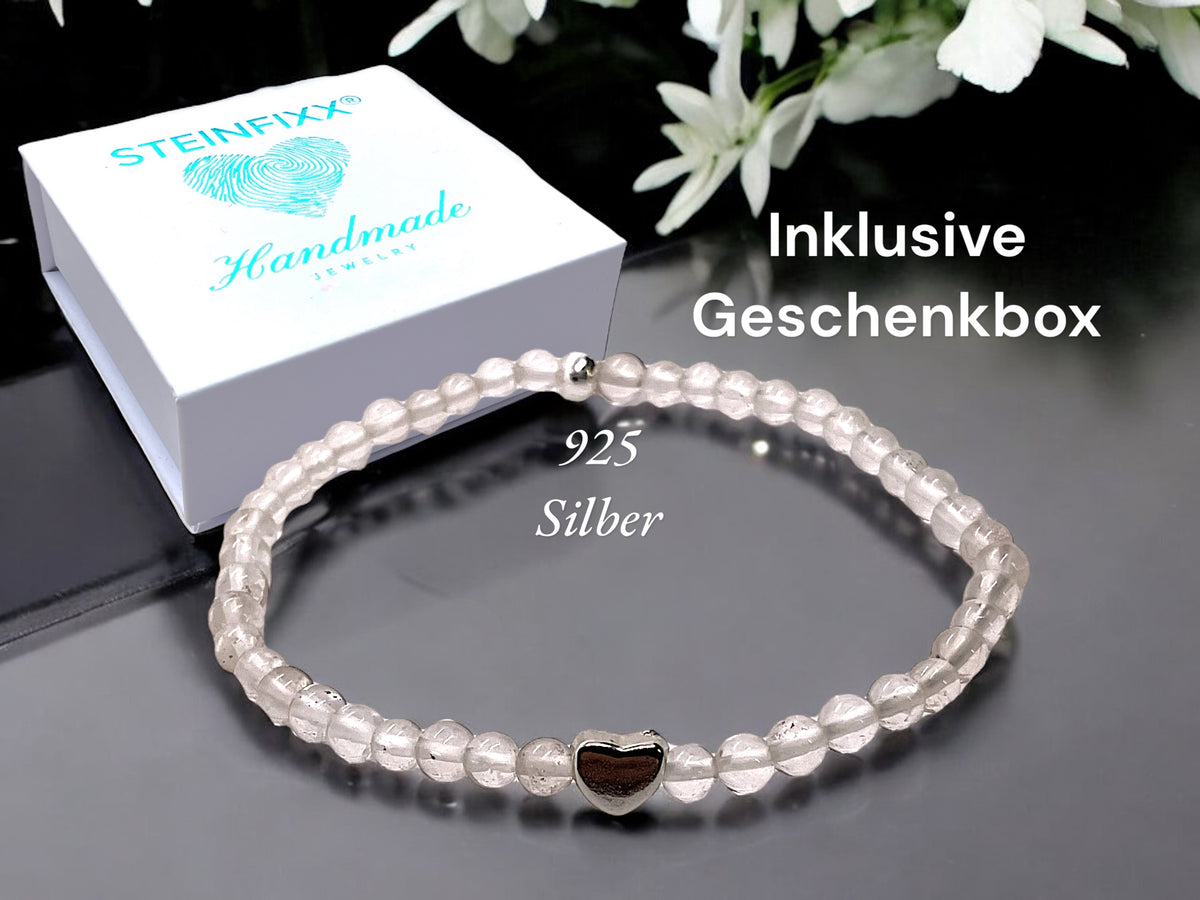 Bergkristall Edelstein Perlen Armband  *HEILUNG*  - mit 925 Silberperle und versilbertem Herzchen in Steinfixx Geschenkbox - Handmade