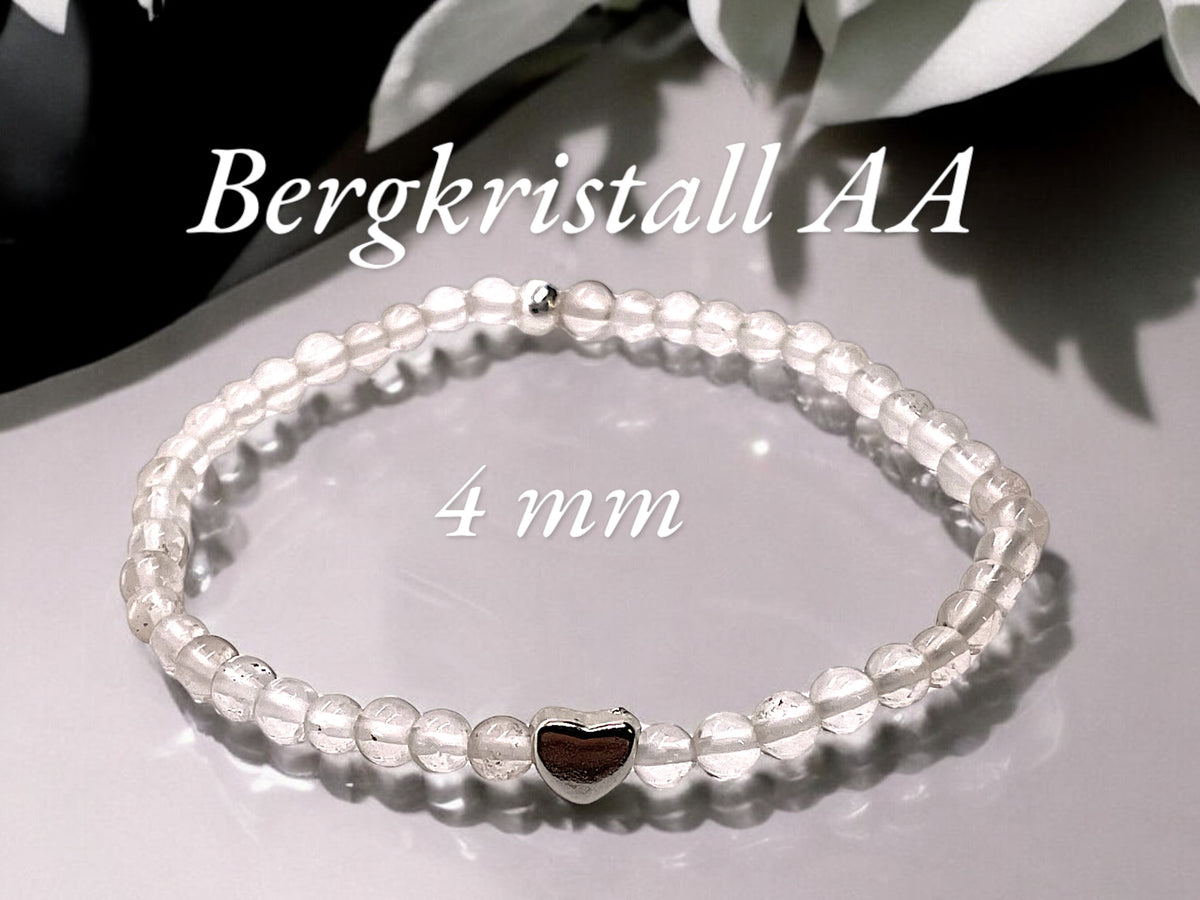 Bergkristall Edelstein Perlen Armband  *HEILUNG*  - mit 925 Silberperle und versilbertem Herzchen in Steinfixx Geschenkbox - Handmade