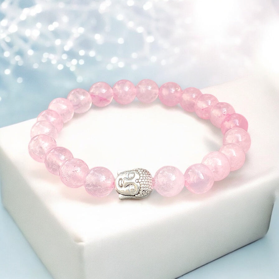Echtes Rosenquarz Perlenarmband 8mm mit versilberter Edelstahl Buddha Perle - handgefertigt - Madagaskar