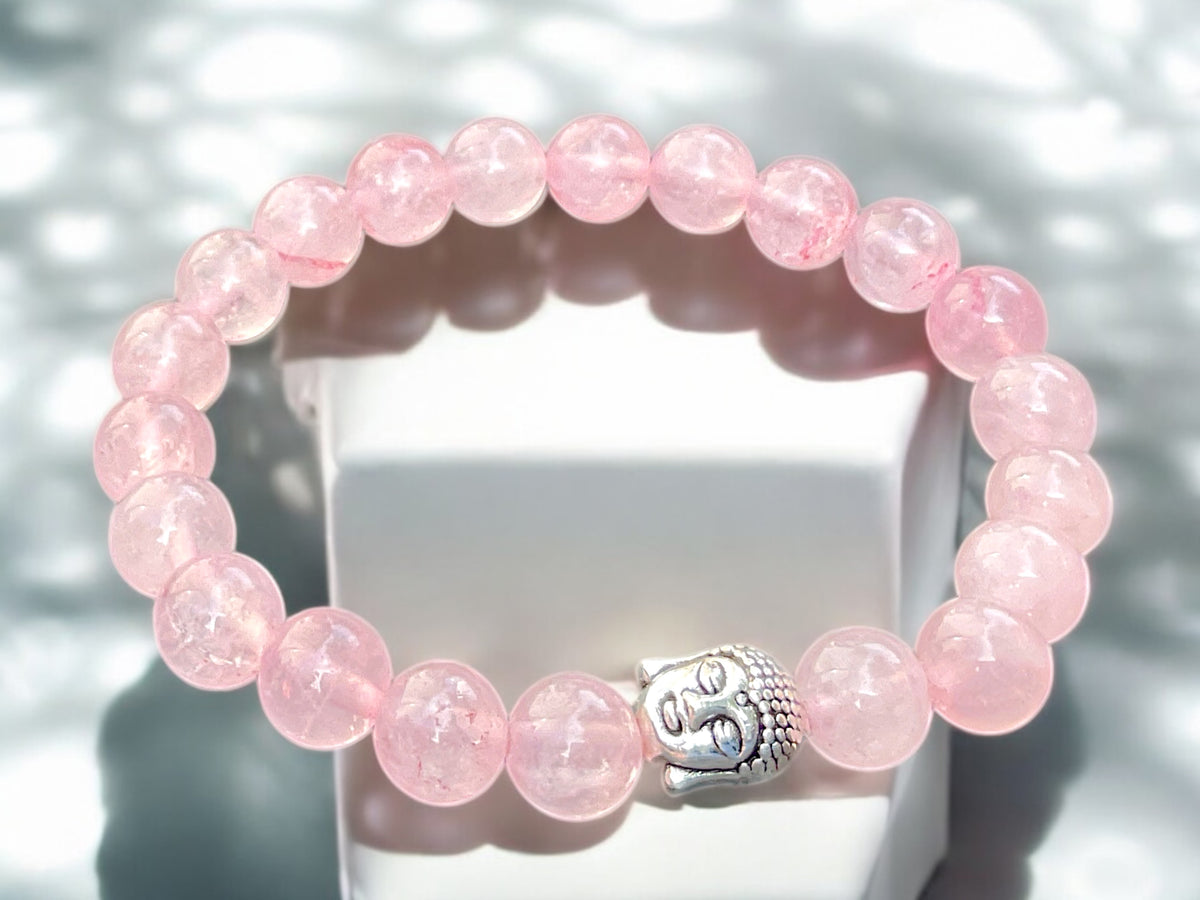 Echtes Rosenquarz Perlenarmband 8mm mit versilberter Edelstahl Buddha Perle - handgefertigt - Madagaskar